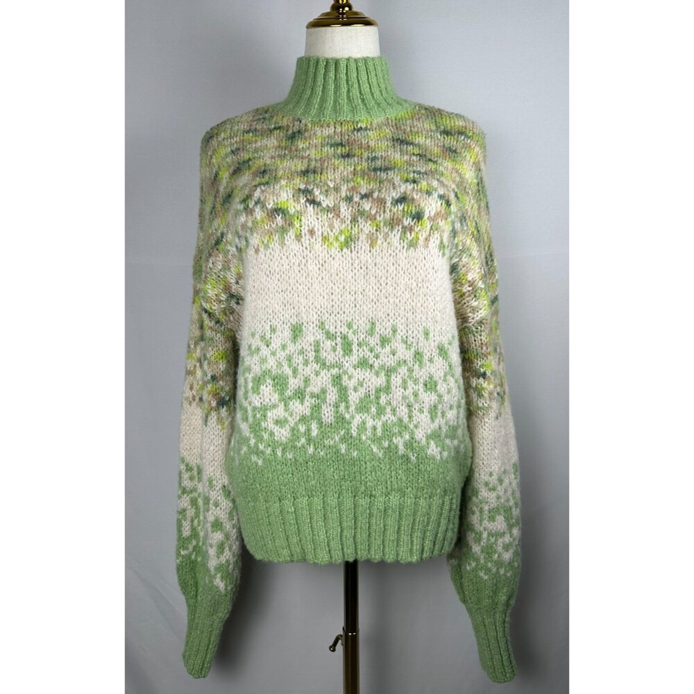 Aerie Fair Isle Sweater M Green Fuzzy Mock Neck Cozy Cottagecore Soft Boho
